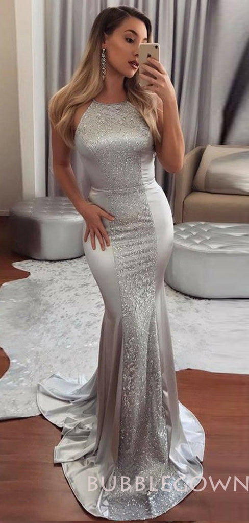 Mermaid Silver Satin Sequin Long Backless Evening Prom Dresses, MR8095