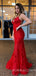 Deep V-neck Red Lace Spaghetti Straps Long Mermaid Evening Prom Dresses, MR8099