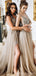 Deep V-neck A-line Tulle Long Beaded Evening Prom Dresses, MR8103