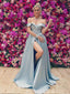 Off Shoulder Sky Blue Satin Side Slit Long A-line Evening Prom Dresses, MR8104