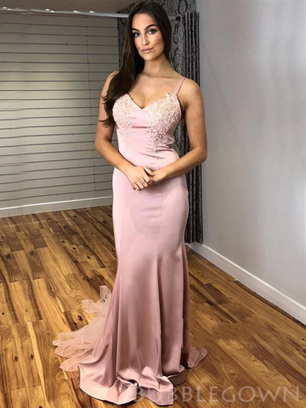 Mermaid Pink Satin Spaghetti Straps Appliques Long Evening Prom Dresses, MR8105