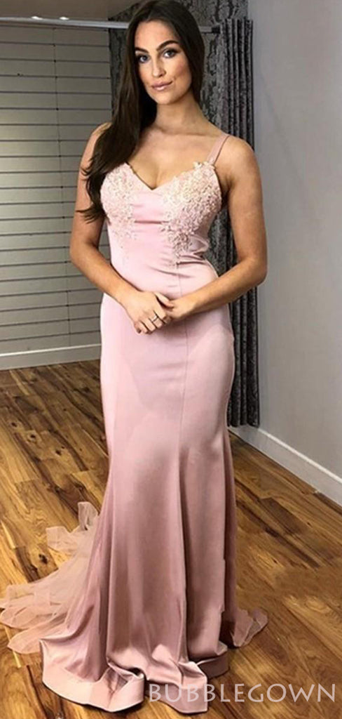 Mermaid Pink Satin Spaghetti Straps Appliques Long Evening Prom Dresses, MR8105