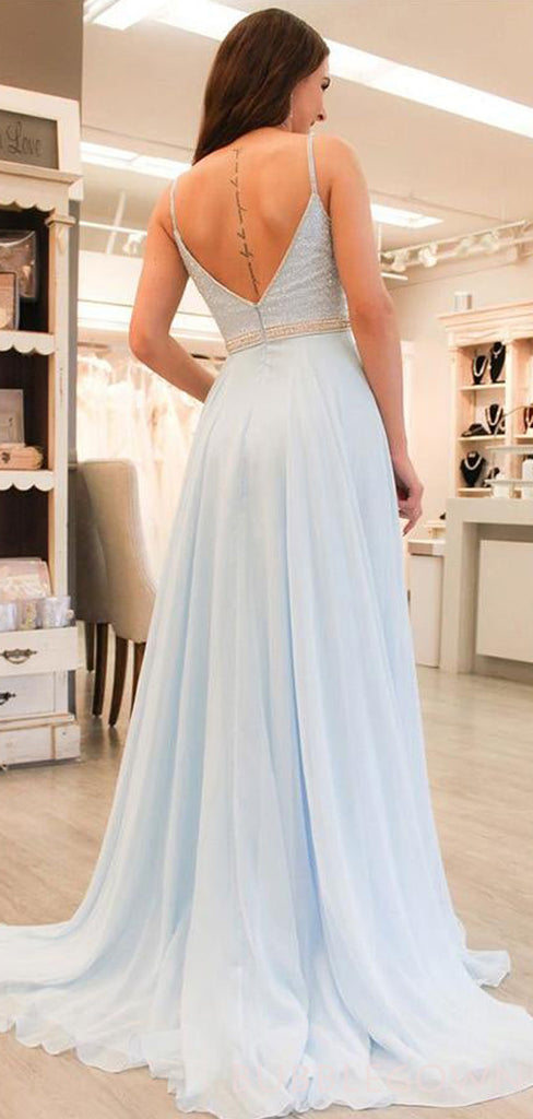 A-line Sky Blue Chiffon Beaded Long Evening Prom Dresses, MR8107