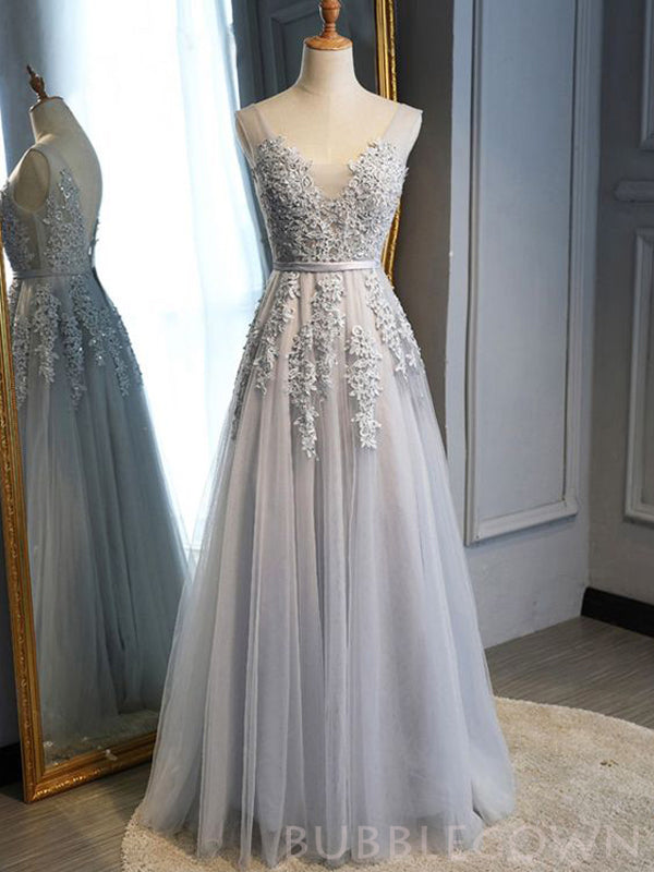 A-line Grey Tulle Appliques V-neck Long Evening Prom Dresses, MR8108