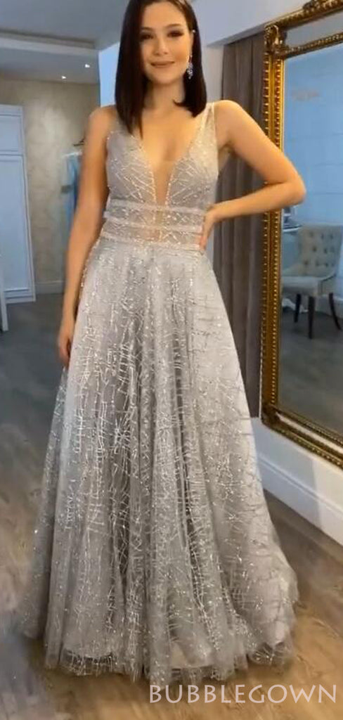 Grey Sequin Sparkly A-line V-neck Long Evening Prom Dresses, MR8109