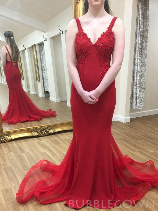 Red Satin Spaghetti Straps Appliques Long Mermaid Evening Prom Dresses, MR8114