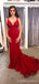 Red Satin Spaghetti Straps Appliques Long Mermaid Evening Prom Dresses, MR8114