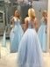 Deep V-neck Sky Blue Sequin Sparkly Long A-line Evening Prom Dresses, MR8121