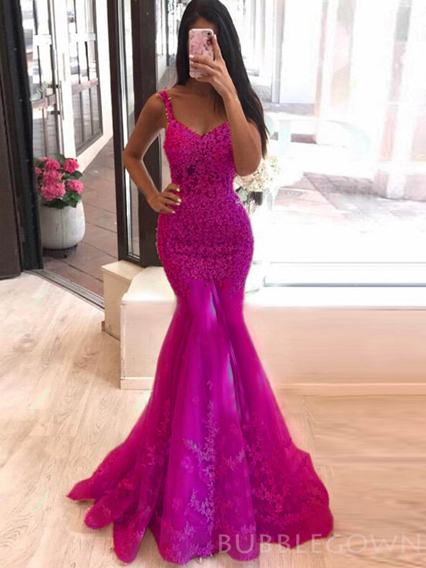 Mermaid Fuchsia Tulle Appliques Spaghetti Straps Long lace Evening Prom Dresses, MR8122