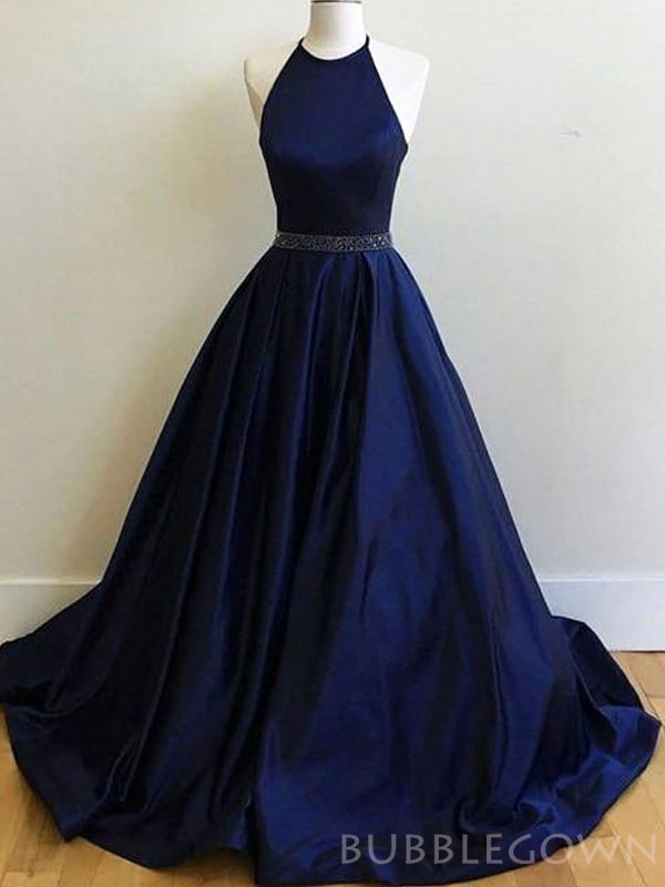 A-line Navy Blue Satin Halter Long Evening Prom Dresses, MR8127