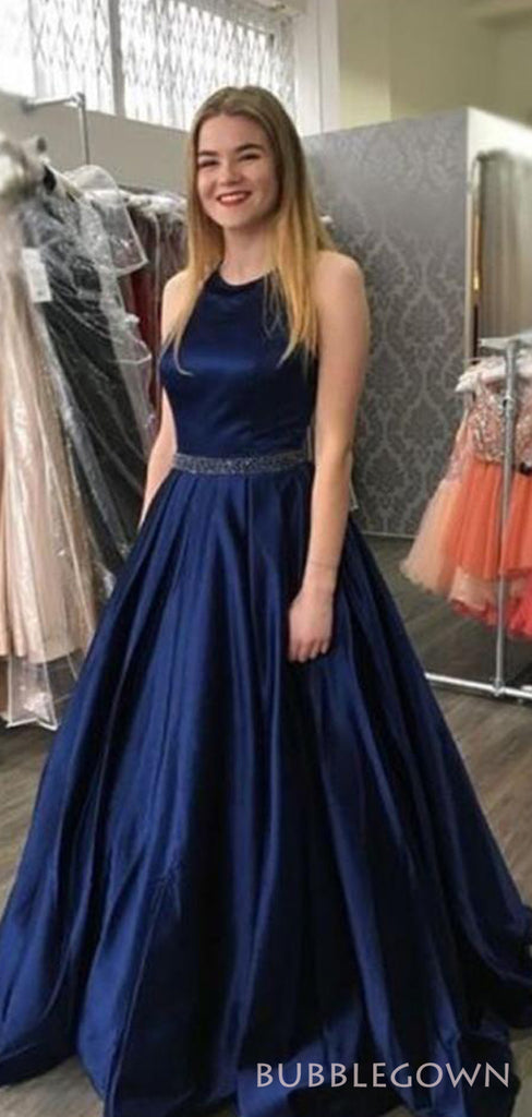 A-line Navy Blue Satin Halter Long Evening Prom Dresses, MR8127