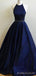 A-line Navy Blue Satin Halter Long Evening Prom Dresses, MR8127