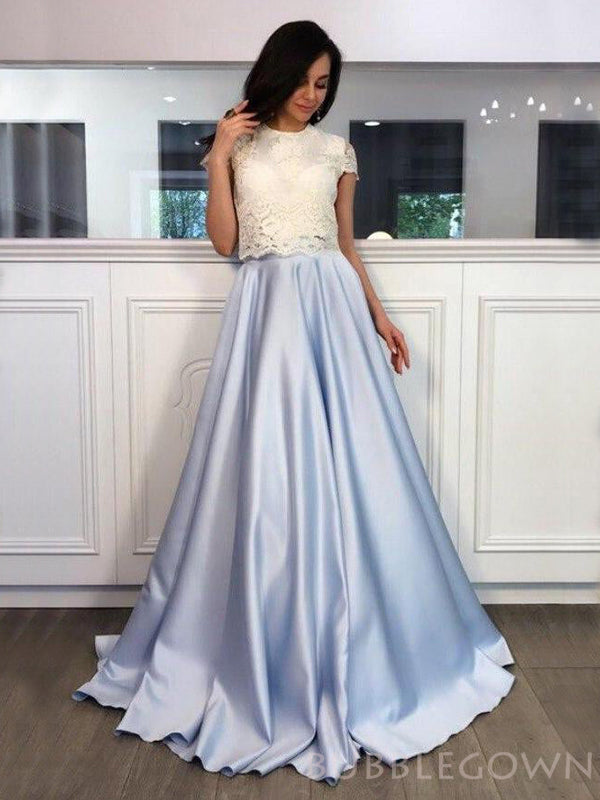 Two Pieces A-line Sky Blue Satin Lace Long Evening Prom Dresses , MR8131