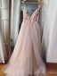 Spaghetti Straps A-line Tulle Appliques Long V-neck Evening Prom Dresses, MR8132