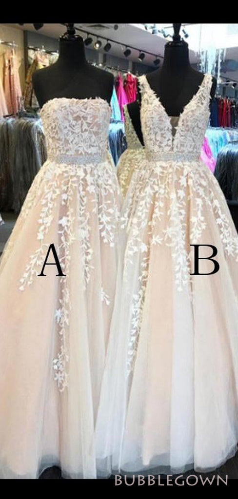 Champagne Tulle Appliques A-line Strapless Long Evening Prom Dresses, MR8133