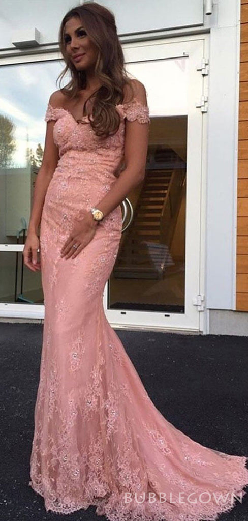 Off Shoulder Blushing Pink Tulle Appliques Long lace Mermaid Evening Prom Dresses, MR8138