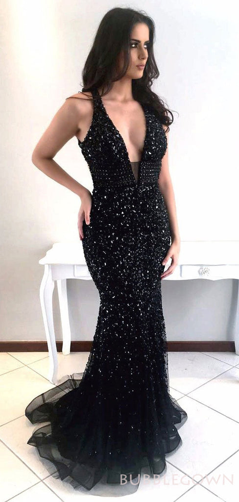 Black Tulle Beaded Deep V-neck Long Mermaif Evening Prom Dresses, MR8139