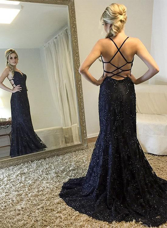 Spaghetti Straps Black Tulle Appliques Long Mermaid Evening Prom Dresses, MR8140