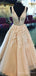 A-line Champagne Tulle Appliques V-neck Long Evening Prom Dresses, MR8141