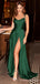 Spaghetti Straps Green Satin Long Side Slit Evening Prom Dresses, MR8147