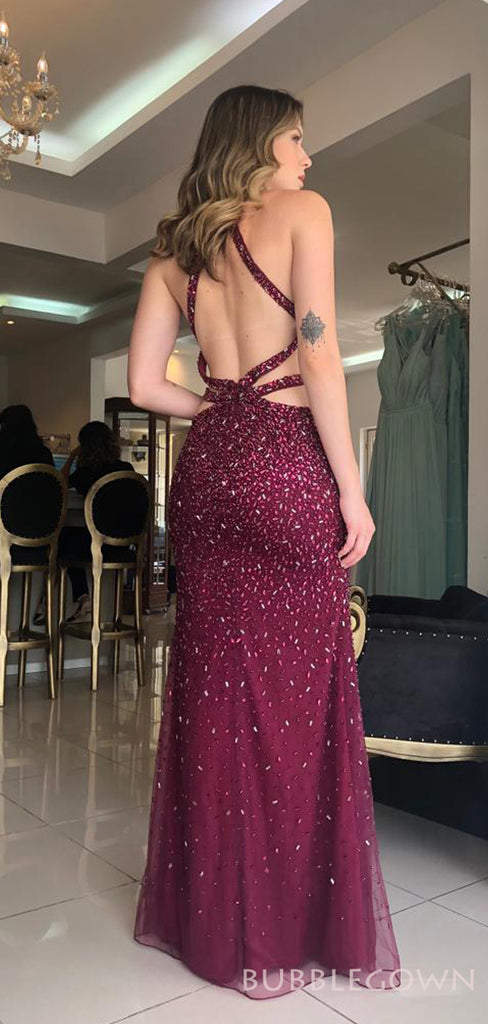 Burgundy Chiffon Beaded Halter Long Mermaid Evening Prom Dresses, Cheap Custom Prom Dresses, MR8152