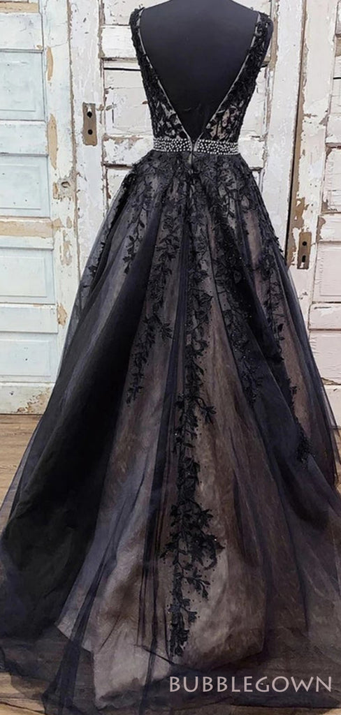 Black Tulle Appliques V-neck Long A-line Evening Prom Dresses, MR8155