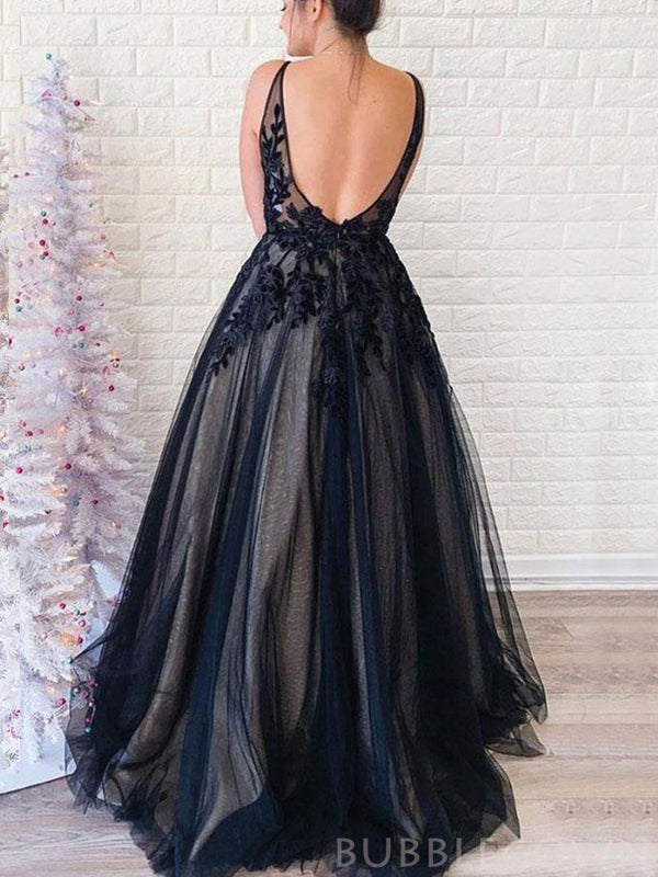 A-line Black Tulle Velvet Appliques Spaghetti Straps Long Evening Prom Dresses, MR8156