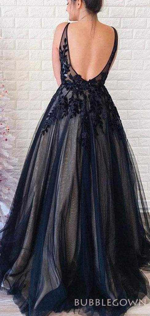 A-line Black Tulle Velvet Appliques Spaghetti Straps Long Evening Prom Dresses, MR8156