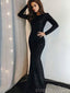 Long Sleeves Black Sequin High Neck Long Mermaid Evening Prom Dresses, Cheap Custom Prom Dresses, MR8158