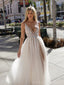 A-line Deep V-neck Tulle High Slit Long Beaded Evening Prom Dresses, MR8159