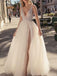 A-line Deep V-neck Tulle High Slit Long Beaded Evening Prom Dresses, MR8159