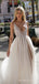 A-line Deep V-neck Tulle High Slit Long Beaded Evening Prom Dresses, MR8159