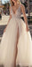 A-line Deep V-neck Tulle High Slit Long Beaded Evening Prom Dresses, MR8159