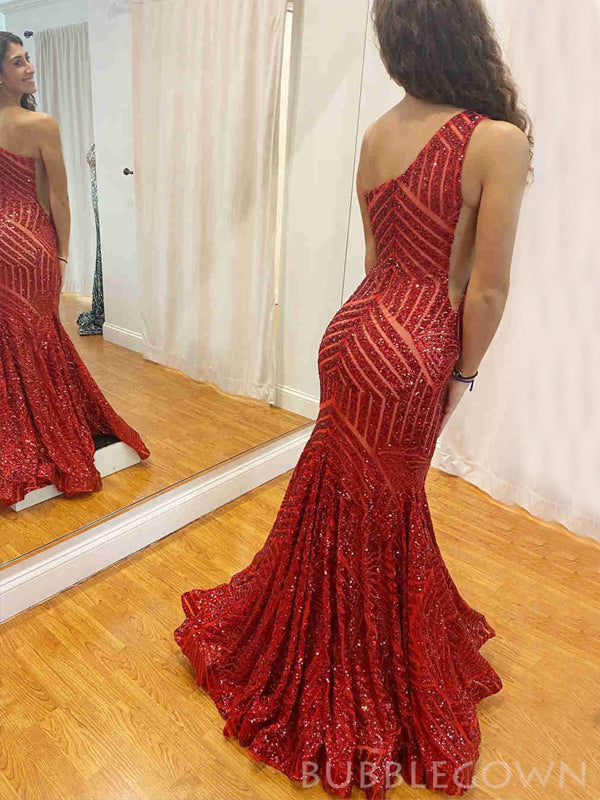 Mermaid One Shoulder Red Sequin Long Sparkly Evening Prom Dresses, MR8160