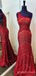 Mermaid One Shoulder Red Sequin Long Sparkly Evening Prom Dresses, MR8160