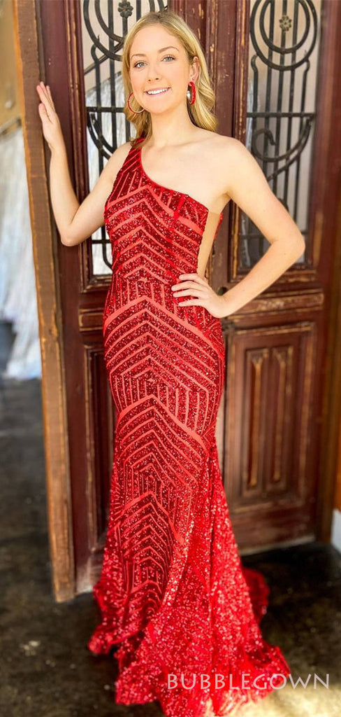 Mermaid One Shoulder Red Sequin Long Sparkly Evening Prom Dresses, MR8160