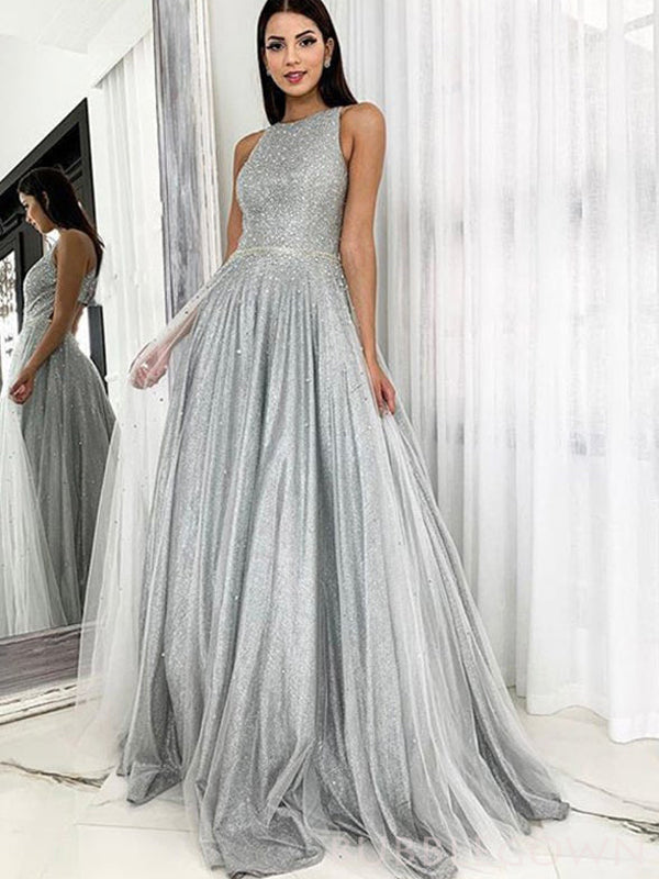 A-line Grey Satin Beaded Long Evening Prom Dresses, MR8162