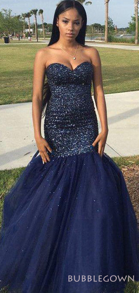 Mermaid Navy Blue Tulle Beaded Strapless Long Sweetheart Evening Prom Dresses, MR8164