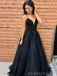 Black Tulle Beaded A-line Spaghetti Straps Long Evening Prom Dresses, MR8169