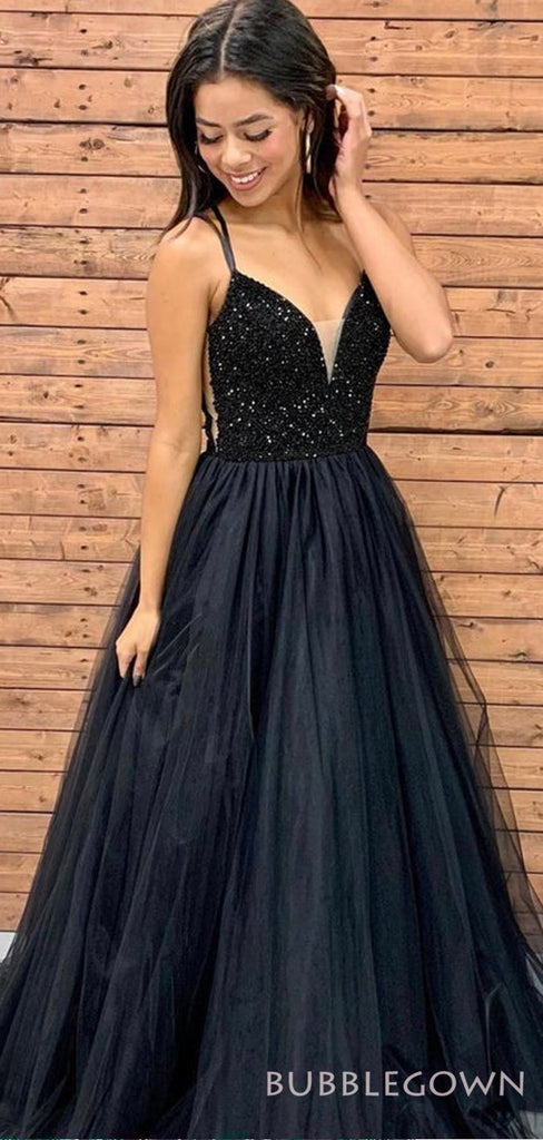 Black Tulle Beaded A-line Spaghetti Straps Long Evening Prom Dresses, MR8169