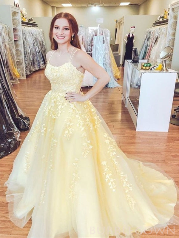 A-line Yellow Tulle Appliques Spaghetti Straps Long Evening Prom Dresses, MR8170