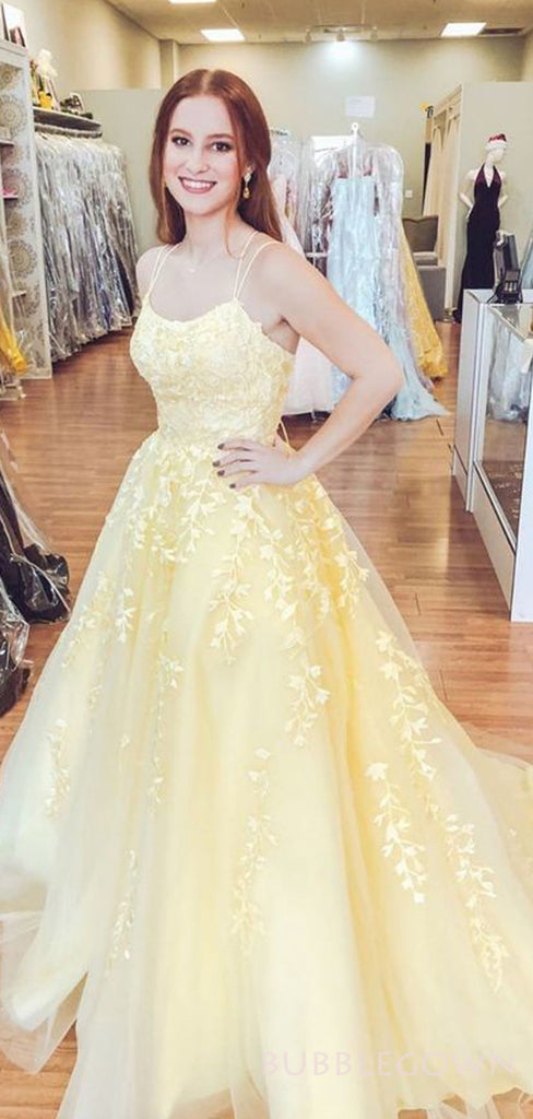 A-line Yellow Tulle Appliques Spaghetti Straps Long Evening Prom Dresses, MR8170