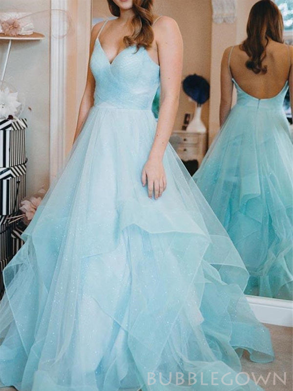 A-line Tulle Spaghetti Straps Long V neck Evening Prom Dresses, MR8171