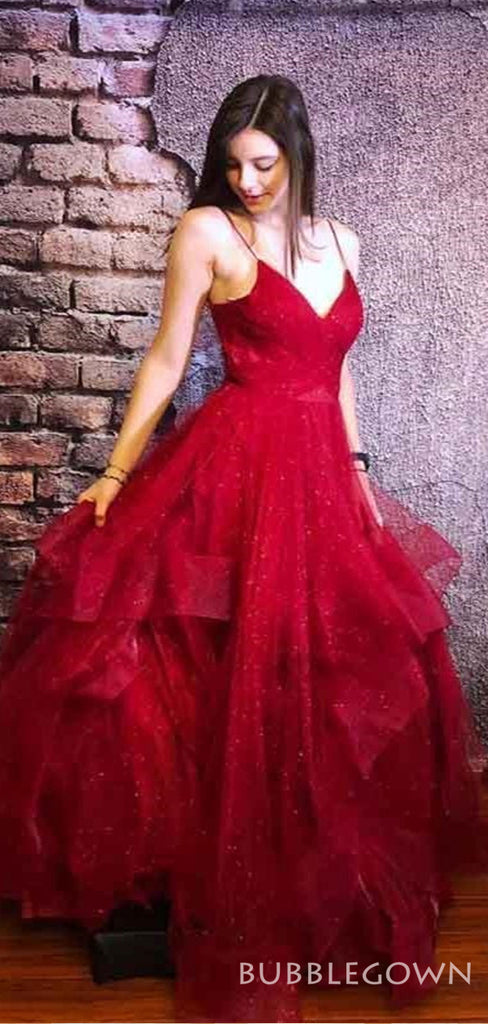 A-line Tulle Spaghetti Straps Long V neck Evening Prom Dresses, MR8171