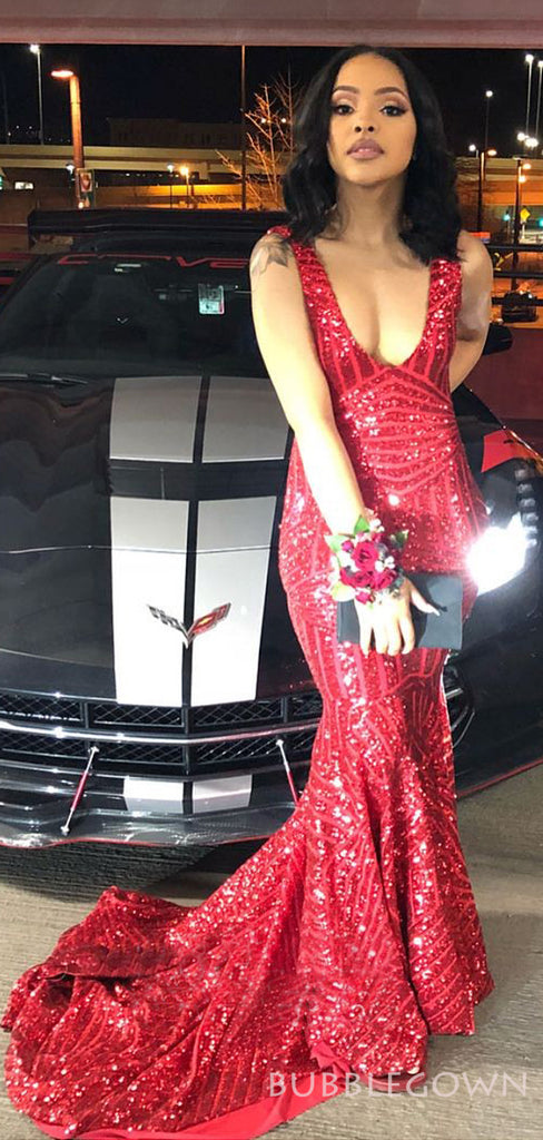 Mermaid Red Sequin Long Sparkly Evening Prom Dresses, Deep V Neck Custom Prom Dress, MR8185