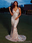 Spaghetti Straps Mermaid Gold Sequin Long Sparkly Evening Prom Dresses, Deep V Neck Custom Prom Dress, MR8186