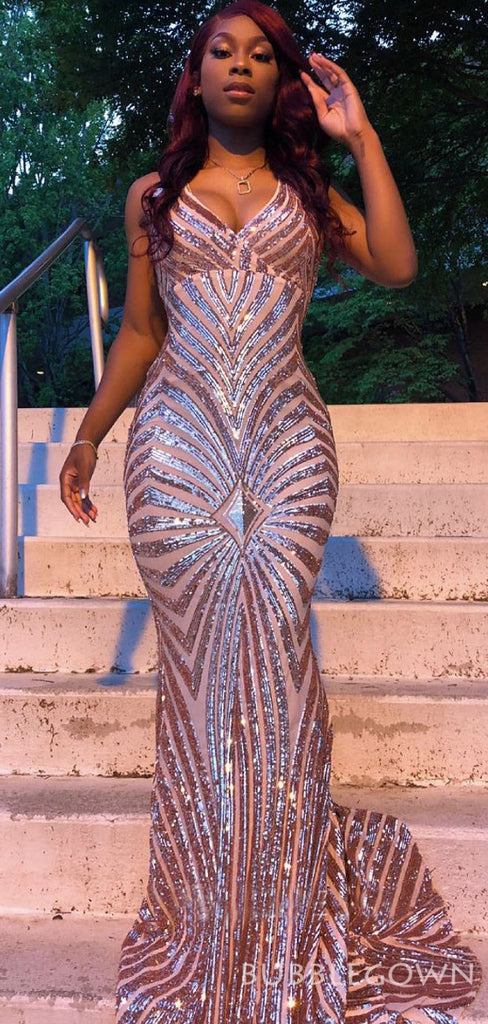 Spaghetti Straps Mermaid Gold Sequin Long Sparkly Evening Prom Dresses, Deep V Neck Custom Prom Dress, MR8186