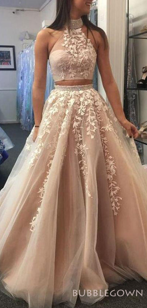 Two Pieces Champagne Tulle Appliques Beaded Long Evening Prom Dresses, Halter Custom Prom Dress, MR8189