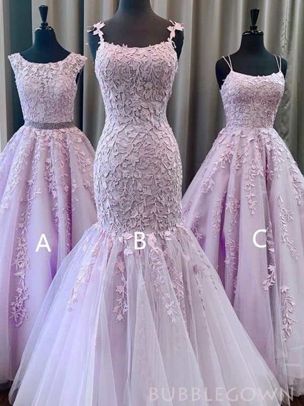 Lilac Tulle Appliques Long Evening Prom Dresses, MR8190