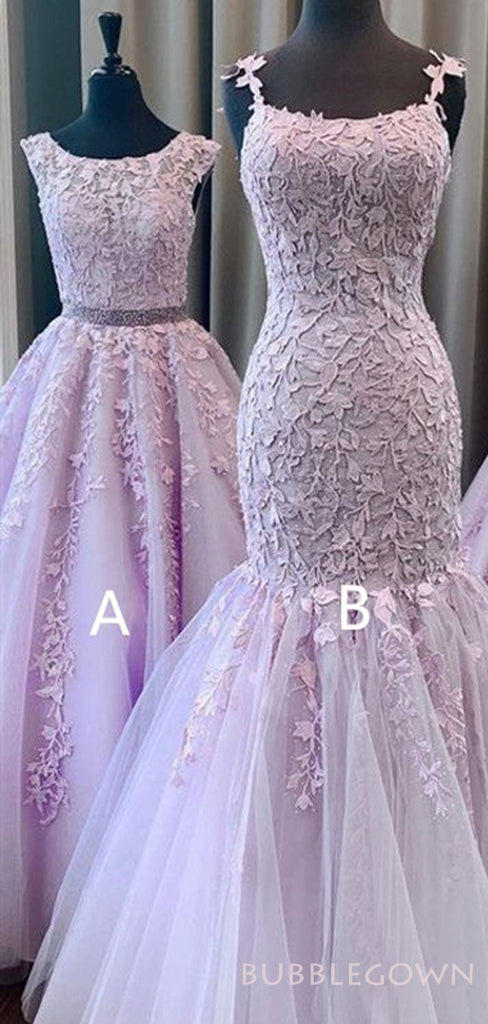 Lilac Tulle Appliques Long Evening Prom Dresses, MR8190